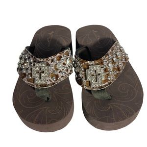 Montana West Youth Size SM Brown Flip Flops with Cross Embellishment & Faux Gems